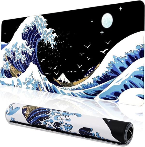 MEWOOCUE® Gaming Mouse Pad for Desk,Large Wave Mousepad Laptop,Black Japanese Anime Mouse Mat,Long XXL Waterproof Keyboard Pads,Big Non-Slip Mousepads for Game Office Home（31.5 x 11.9 in）