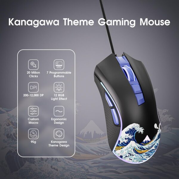 XVX Wired Gaming Mouse, 12000 DPI RGB Gaming Mouse with 12 Backlit Modes & 7 Macro Buttons, PC Gaming Mice Support DIY Keybinding, Mouse Gamer Computer Mouse for Laptop PC Mac Windows, Kanagawa