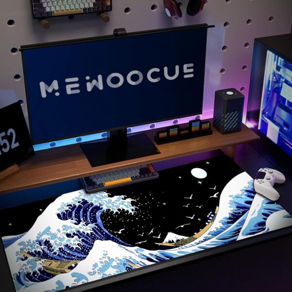MEWOOCUE® Gaming Mouse Pad for Desk,Large Wave Mousepad Laptop,Black Japanese Anime Mouse Mat,Long XXL Waterproof Keyboard Pads,Big Non-Slip Mousepads for Game Office Home（31.5 x 11.9 in）