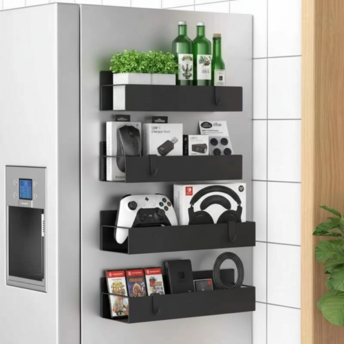 Enhanced Image - Make it fully gaming room looking 4 Pack Magnetic Spice Storage Rack Organizer for Refrigerator and Oven, Black Fridge Organizers and Storage